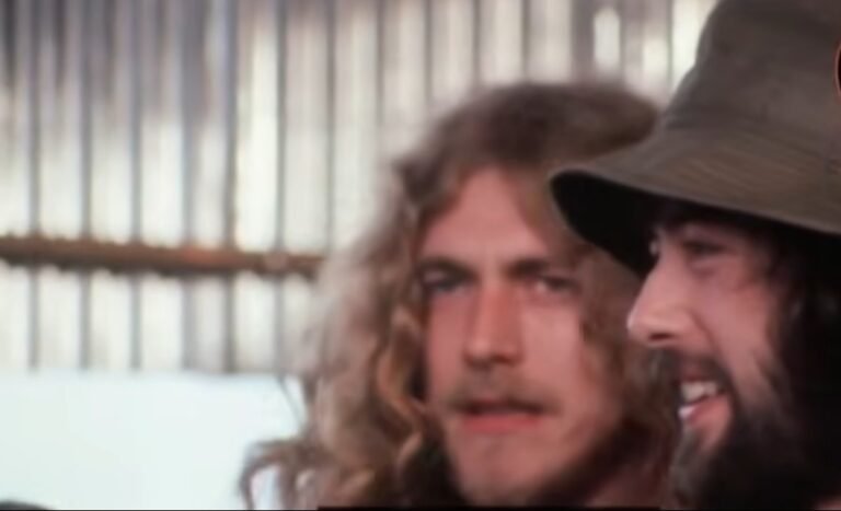 Robert Plant and Jimmy Page of Led Zeppelin prepare to take the stage at Bath, England, in 1970.