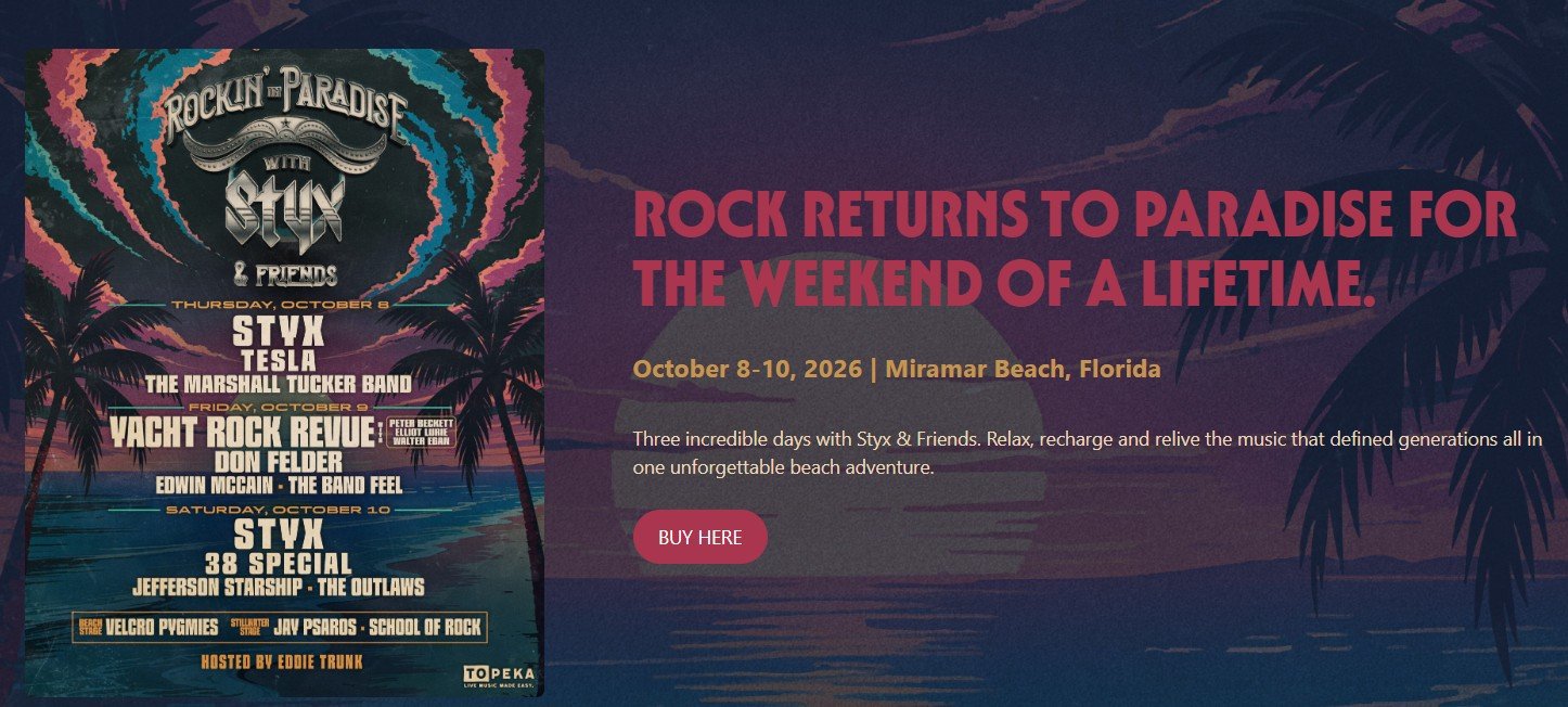 Styx announce the full lineup for their annual Rockin' In Paradise Florida Vacation Concert Package
